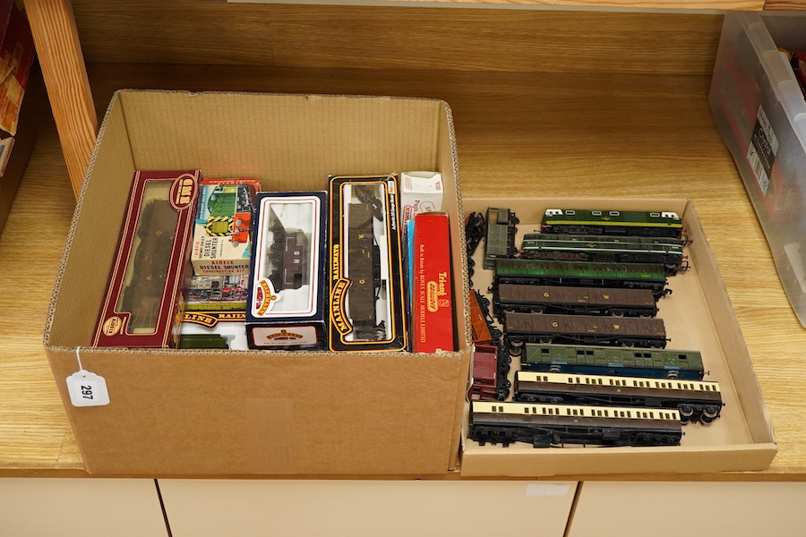 A quantity of 00 gauge model railway by Tri-ang, Mainline, Dapol, Bachmann, GMR, Hornby Dublo, etc. including; nine steam and diesel locomotives, together with boxed and unboxed freight wagons, coaches, kits and other mo